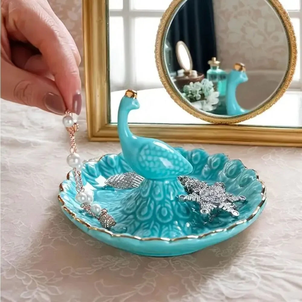 Ceramic Blue Peacock Jewelry Tray For Earrings, Rings, Necklaces And Bracelets